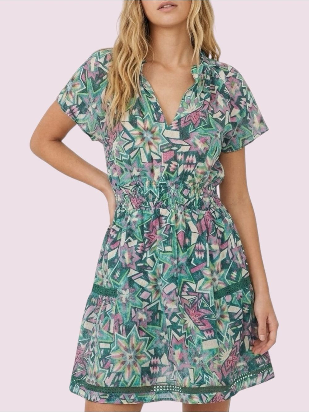 Chufy Cairo Green Pink Geometric Cotton Smocked Mini Dress Resortwear Medium